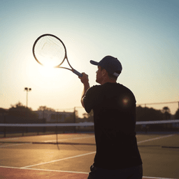 Tennis player serving at sunset