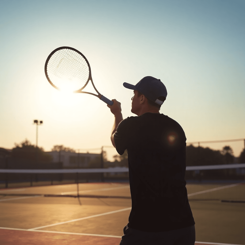 Tennis player serving at sunset